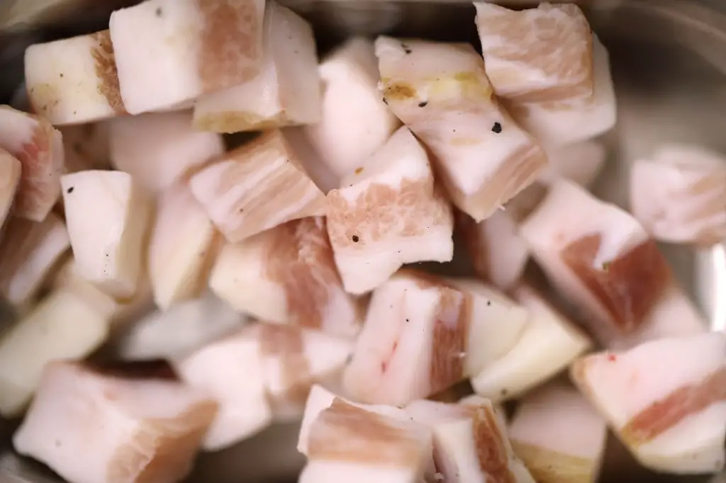 Guanciale pork cheek for Gricia pasta in Rome Italy in Italy, Lazio, Rome