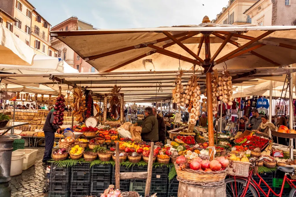 Fruits and vegetables on sale in the public market of Campo de Fiori, Rome, Italy