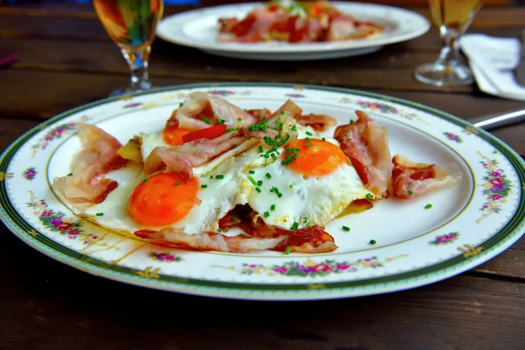 Speckled eggs and potatoes Alto Adige Italy